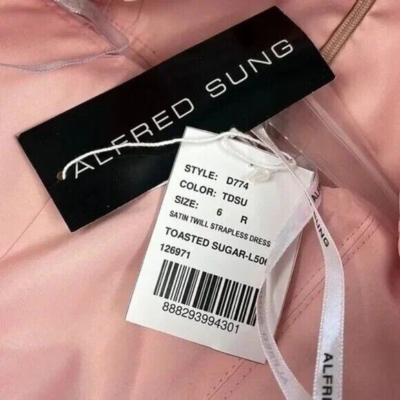 NWT Alfred Sung Strapless Notch Twill Satin Maxi Dress Pockets 6 Toasted Sugar - Picture 8 of 15